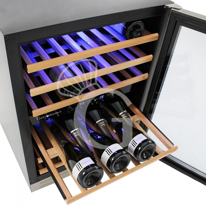 Vinoteca empotrable ventilada puerta de acero inoxidable de doble temperatura 150 LT 6 estantes 46 botellas +5°C/+22°C