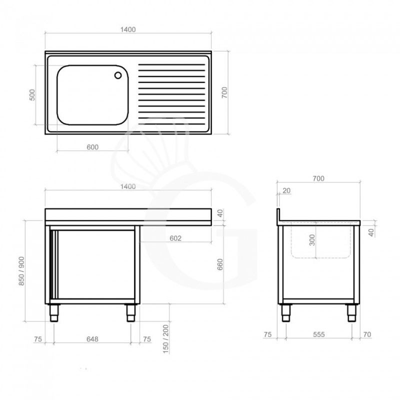 Fregadero con mueble y hueco para lavavajillas, 1 cubeta, escurridor a la derecha L 1400 mm x P 700 mm x A 950 mm