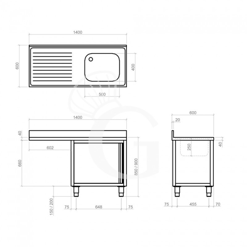 Fregadero con mueble y hueco para lavavajillas, 1 cubeta, escurridor a la izquierda y puerta batiente L1400mmxP600mmxA950mm