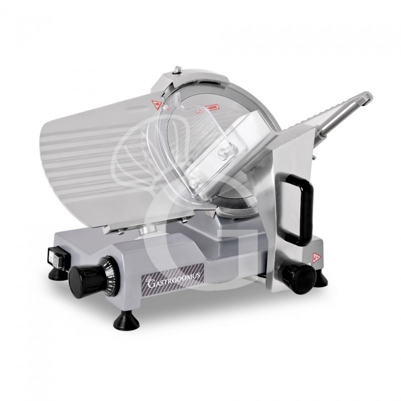 Cortadora de fiambre por gravedad semiautomática con tablero revestido gris, diámetro cuchilla 250 mm - Monofásica