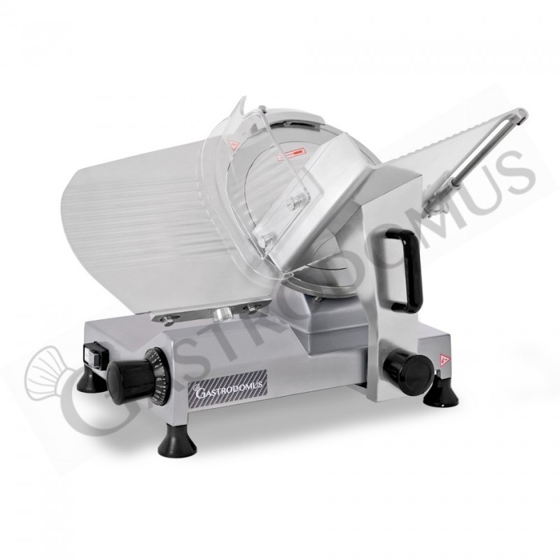 Cortadora de fiambre por gravedad semiautomática con tablero revestido gris, diámetro cuchilla 275 mm - Monofásica