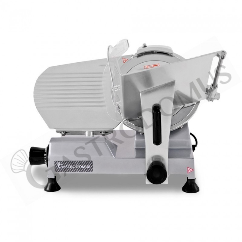 Cortadora de fiambre por gravedad semiautomática con tablero revestido gris, diámetro cuchilla 275 mm - Monofásica
