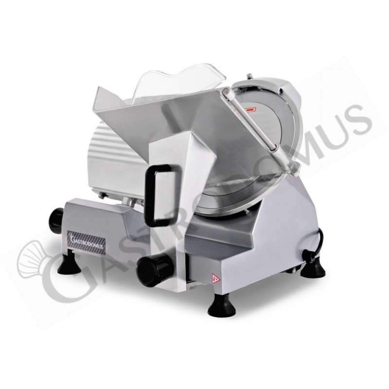 Cortadora de fiambre por gravedad semiautomática con tablero revestido gris, diámetro cuchilla 275 mm - Monofásica