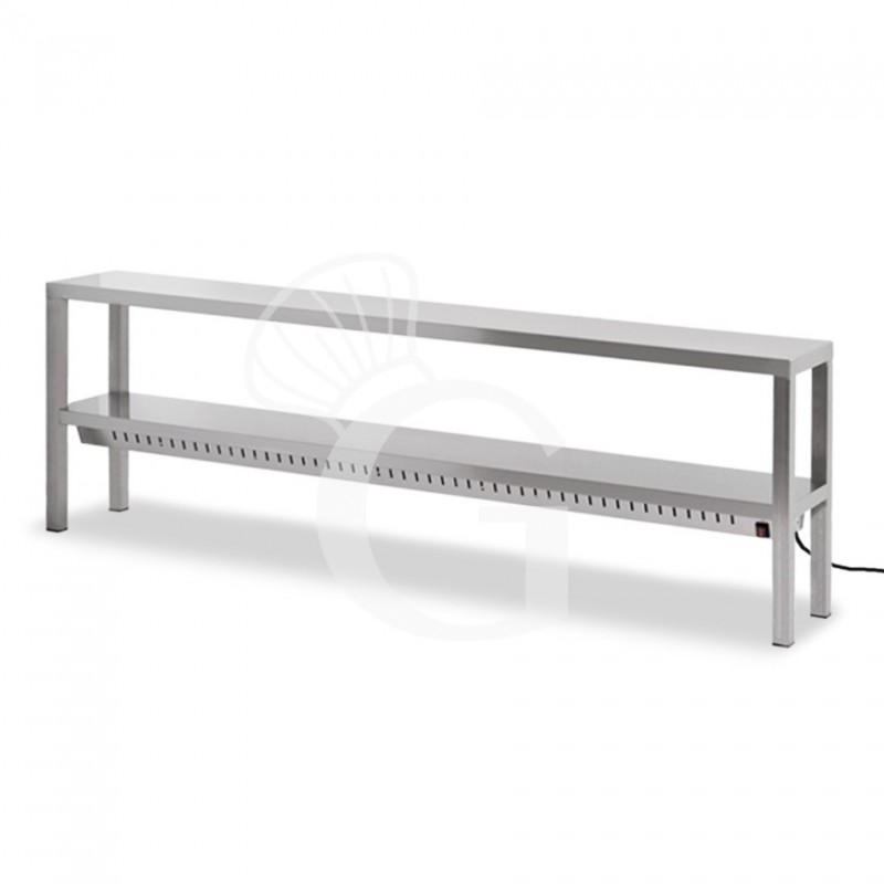 Estante de sobremesa doble con estante inferior calefactado L 2000 x P 300 x A 650 mm, completo con lámparas
