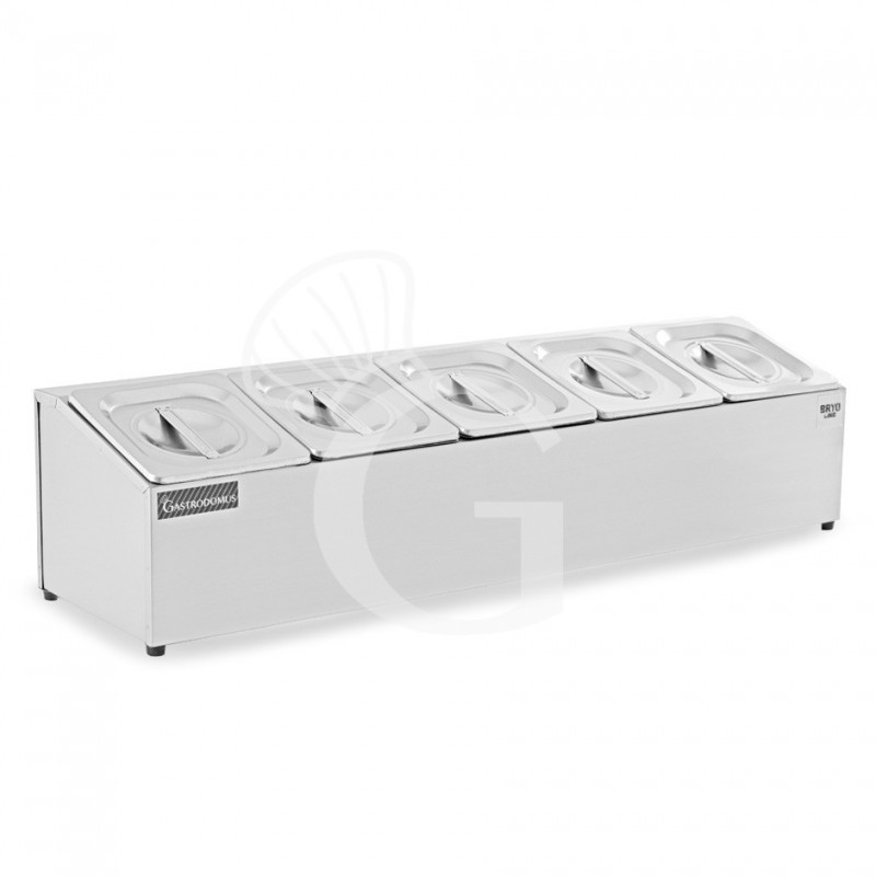 Expositor de ingredientes de acero inoxidable para 5 cubetas GN1/6 L 830 mm x P 225 mm x A 200 mm