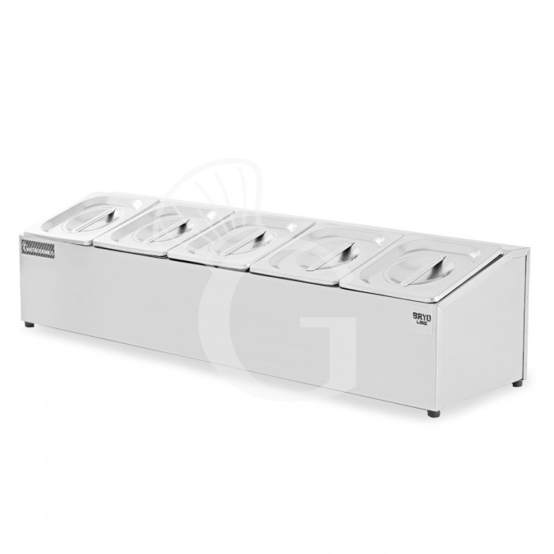 Expositor de ingredientes de acero inoxidable para 5 cubetas GN1/6 L 830 mm x P 225 mm x A 200 mm