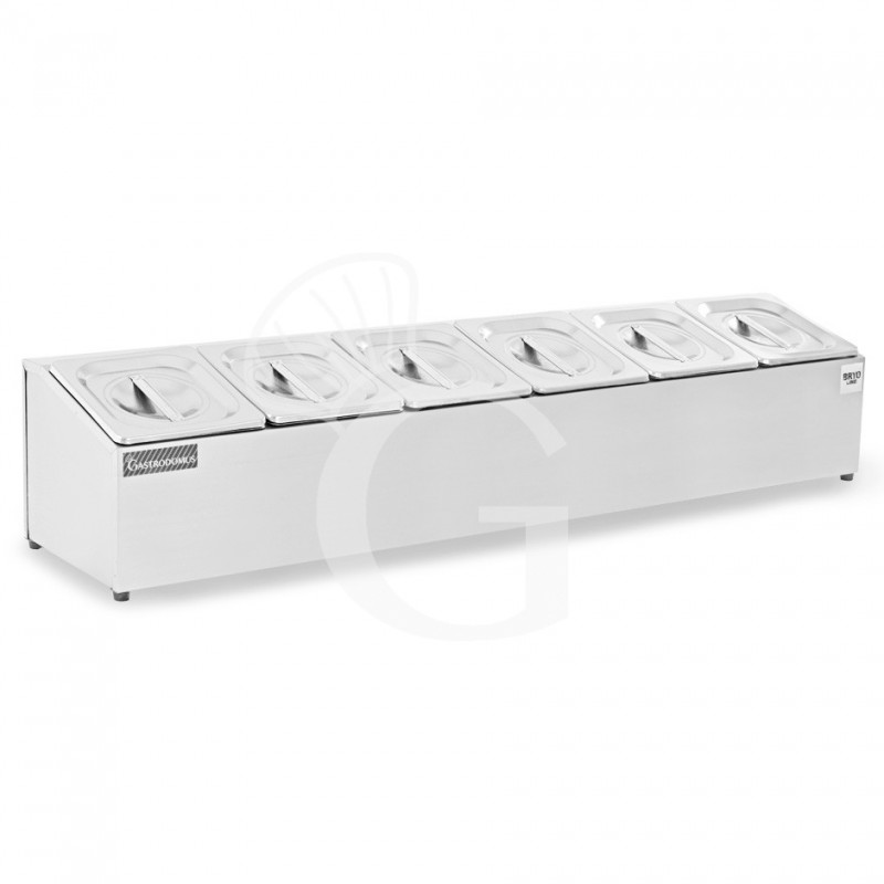 Expositor de ingredientes de acero inoxidable para 6 cubetas GN1/6 L 955 mm x P 225 mm x A 200 mm