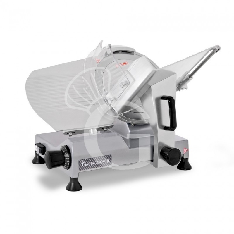 Cortadora de fiambre por gravedad semiautomática con tablero revestido gris, diámetro cuchilla 300 mm - Monofásica