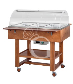 Vitrina buffet baño maría, en madera, con cúpula para 3 cubetas GN1/1 y temperatura +30°C/+90°C