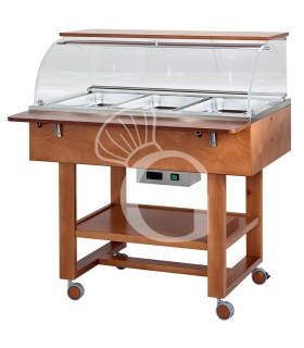 Vitrina buffet baño maría, en madera, con cúpula y estante para 3 cubetas GN1/1 y temperatura +30°C/+90°C