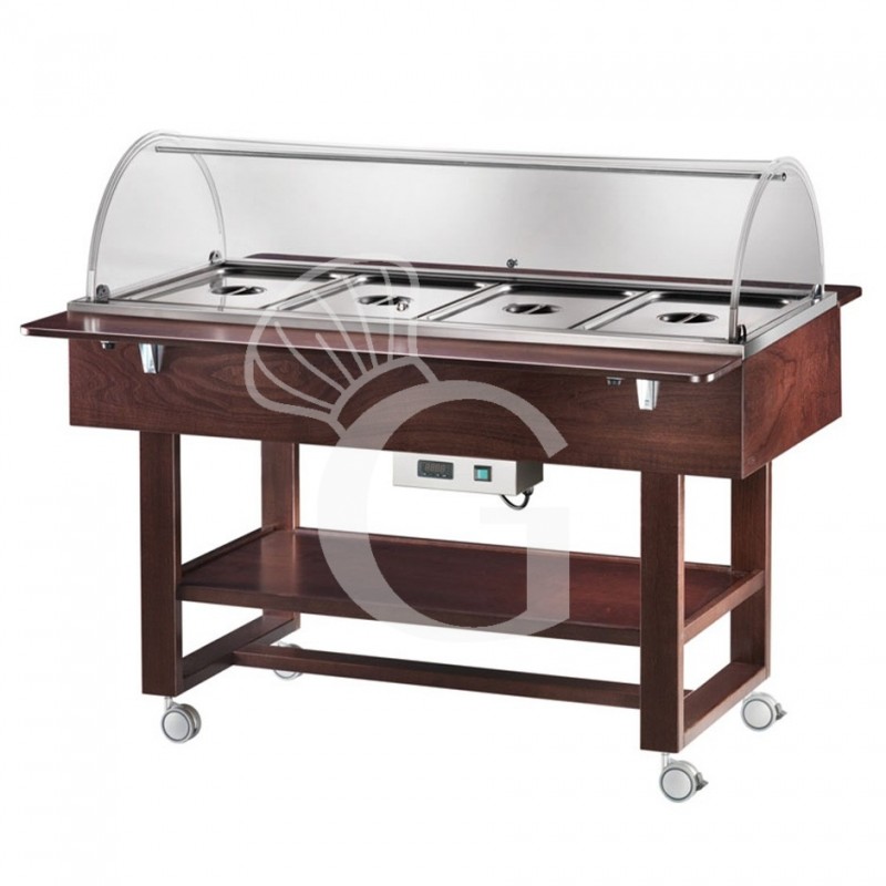 Vitrina buffet baño maría, en madera, con cúpula para 4 cubetas GN1/1 y temperatura +30°C/+90°C