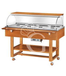 Vitrina buffet baño maría, en madera, con cúpula y estante para 4 cubetas GN1/1 y temperatura +30°C/+90°C