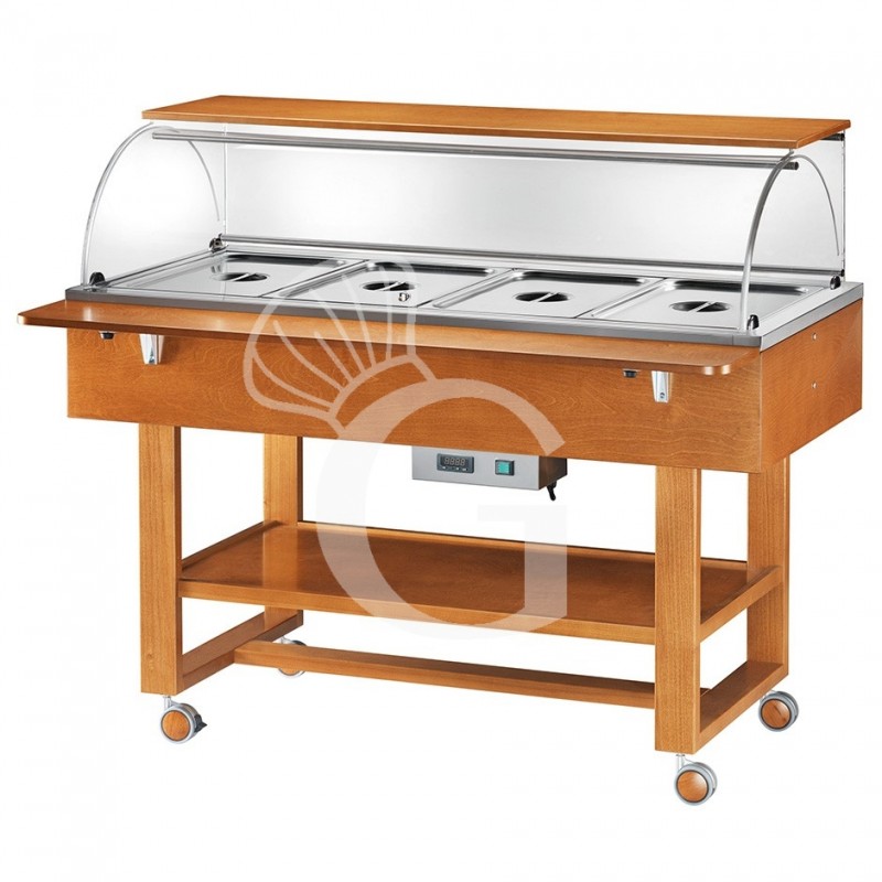 Vitrina buffet baño maría, en madera, con cúpula y estante para 4 cubetas GN1/1 y temperatura +30°C/+90°C