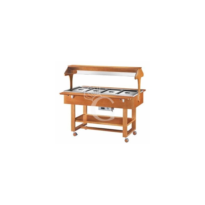 Vitrina buffet baño maría, en madera, con cúpula para 4 cubetas GN1/1 y temperatura +30°C/+90°C
