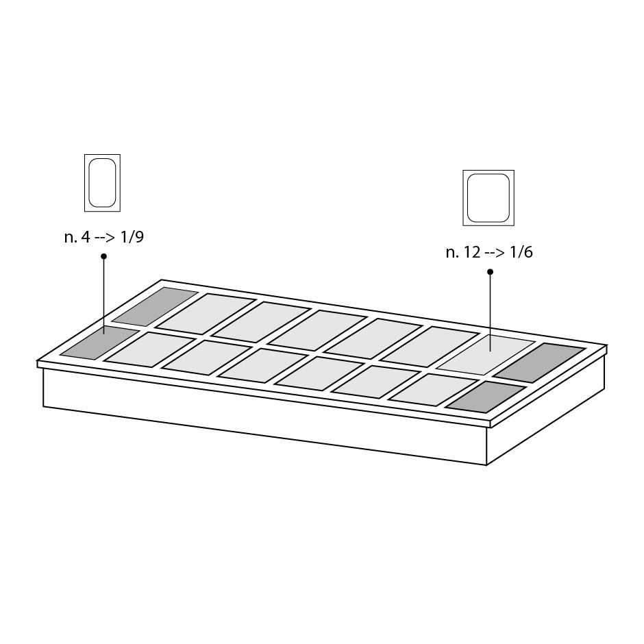 Bandejas GN con tapa para cuba refrigerada nº 12 bandejas 1/6 + nº 4 bandejas 1/9