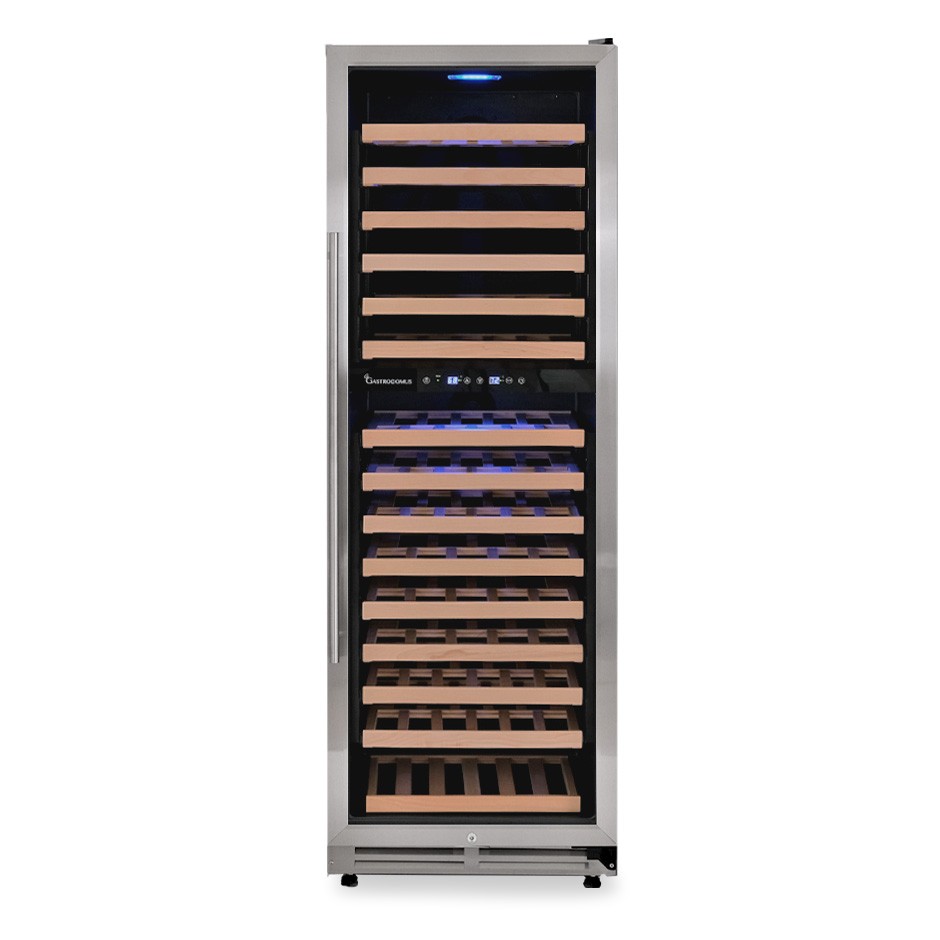 Vinoteca empotrable ventilada puerta de acero inoxidable doble temperatura 420 LT 15 estantes 165 botellas +5°C/+22°C
