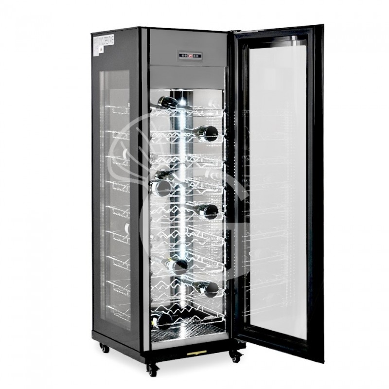 Vinoteca ventilada con 4 lados de vidrio, puerta de vidrio, vidrio curvado con acabado de acero, 81 Botellas, temp. +5°C/+18°C