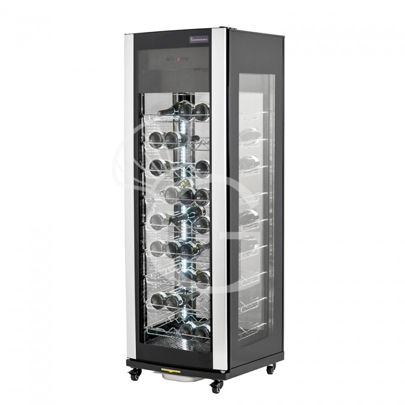 Vinoteca ventilada con 4 lados de vidrio, puerta de vidrio, vidrio curvado con acabado de acero, 81 Botellas, temp. +5°C/+18°C
