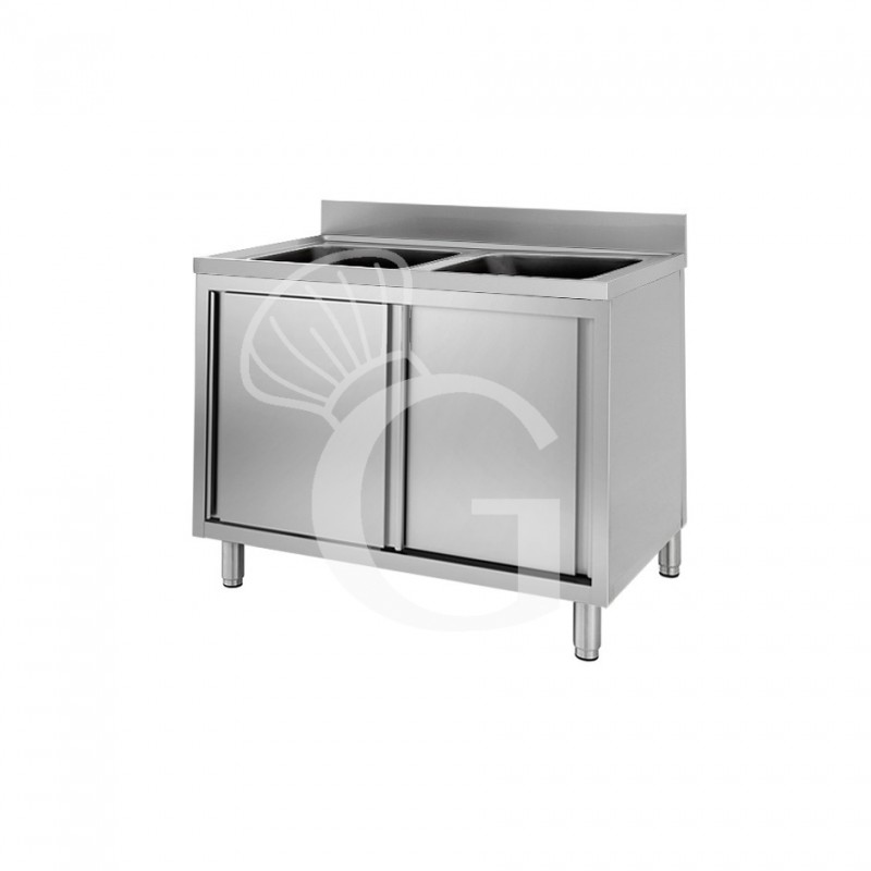 Fregadero con mueble de acero inox, 2 puertas, peto, 2 cubetas L1100xP700xA965mm-agujero para grifo de Ø32mm