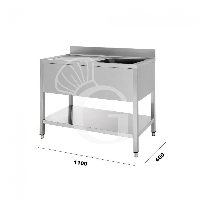 Fregadero inox 1 cubeta y escurridor a la izquierda, estante y peto L1100mmxP600mmxA965mm-agujero para el grifo Ø 32 mm