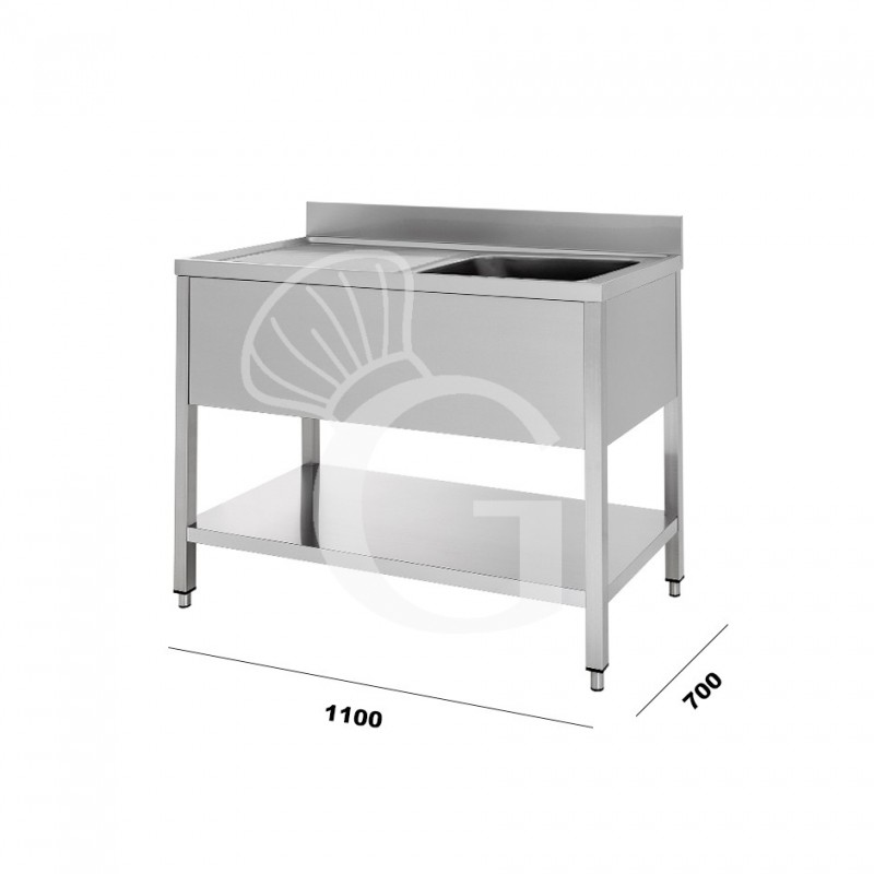 Fregadero inox con 1 cubeta y escurridor a la izquierda, estante, peto L1100mmxP700mmxA965mm- con agujero para el grifo Ø 32 mm