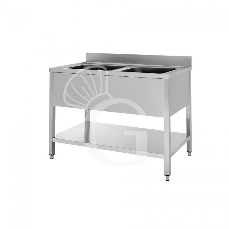 Fregadero inox con 2 cubetas, estante, peto L1300mmxP700mmxA965mm-agujero para el grifo Ø 32 mm