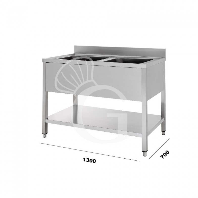 Fregadero inox con 2 cubetas, estante, peto L1300mmxP700mmxA965mm-agujero para el grifo Ø 32 mm