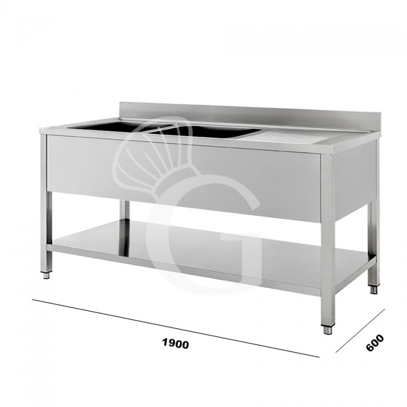 Fregadero inox con 2 cubetas y escurridor a la derecha, estante y peto L 1900 mm x P 600 mm x A 950 mm