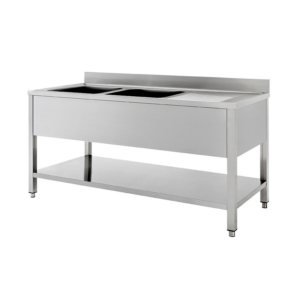 Fregadero inox con 2 cubetas y escurridor a la derecha, estante y peto L 1900 mm x P 600 mm x A 950 mm