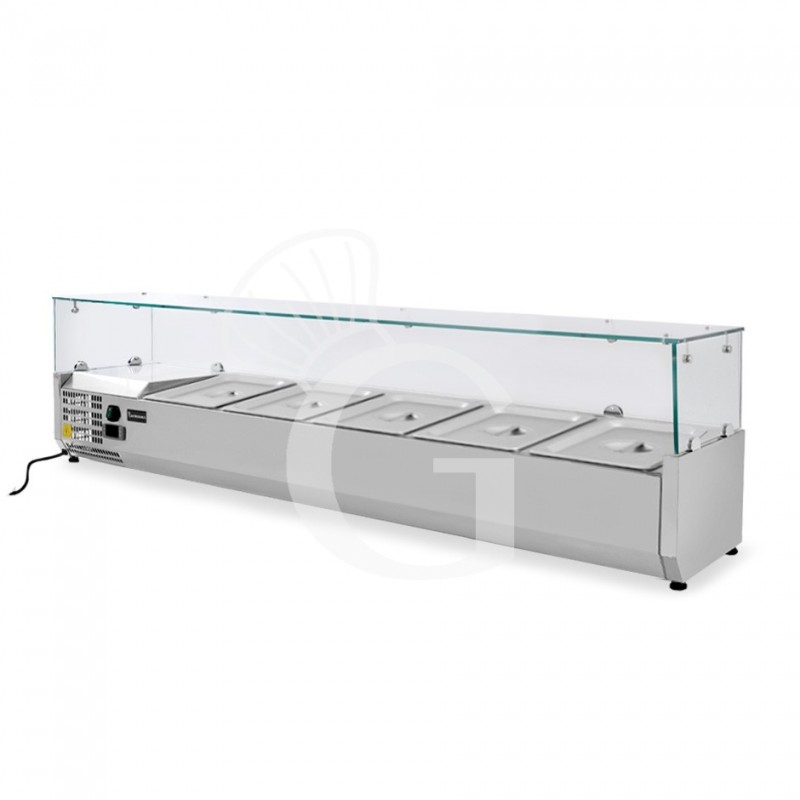 Vitrina Refrigerada horizontal con motor a la izquierda, longitud 1400 mm, Capacidad 4 Cubetas GN1/3 + 1 Cubeta GN1/2