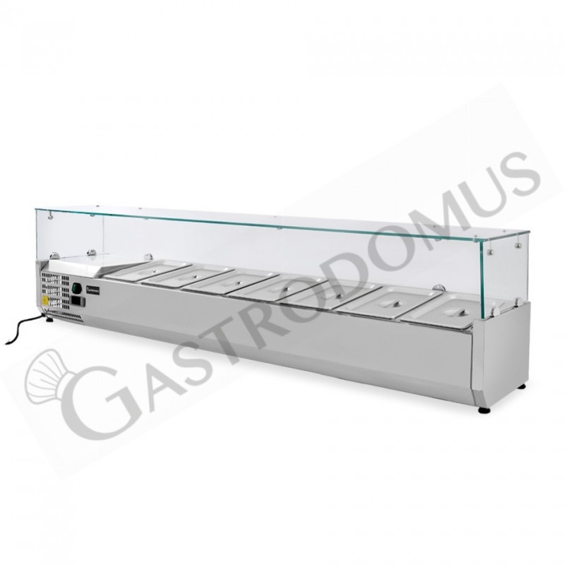Vitrina Refrigerada horizontal para pizzería con motor a la izquierda, longitud 1500 mm, Capacidad 7 Cubetas GN1/4