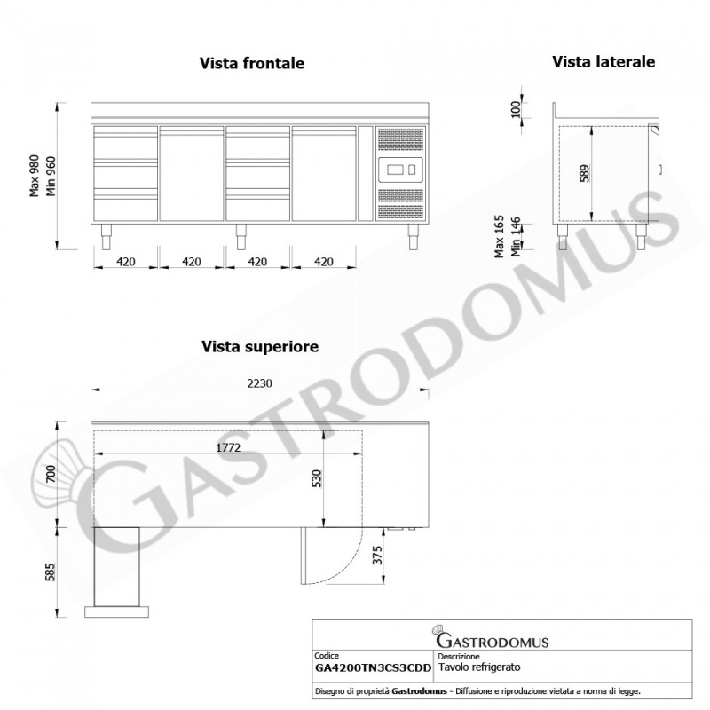 Tavolo Refrigerato 6 cassetti 2 porte 700 mm -2°C/+8°C alzatina per Gastronomia