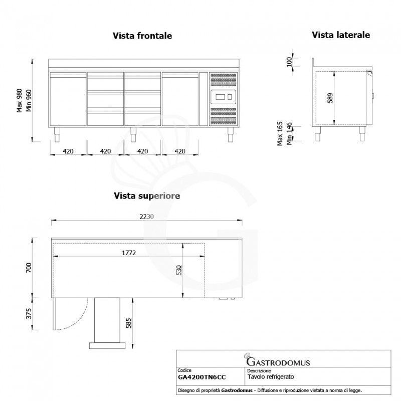 Mesa Refrigerada 6 Cajones 2 Puertas 700 mm de profundidad -2°C/+8°C Peto