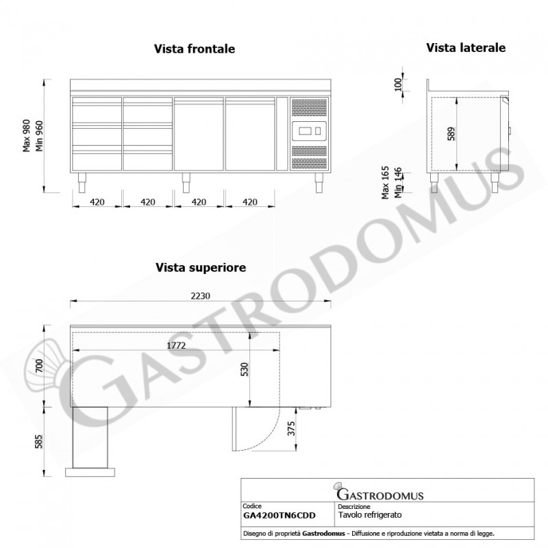 Mesa Refrigerada 6 Cajones 2 Puertas 700 mm de profundidad -2°C/+8°C Peto