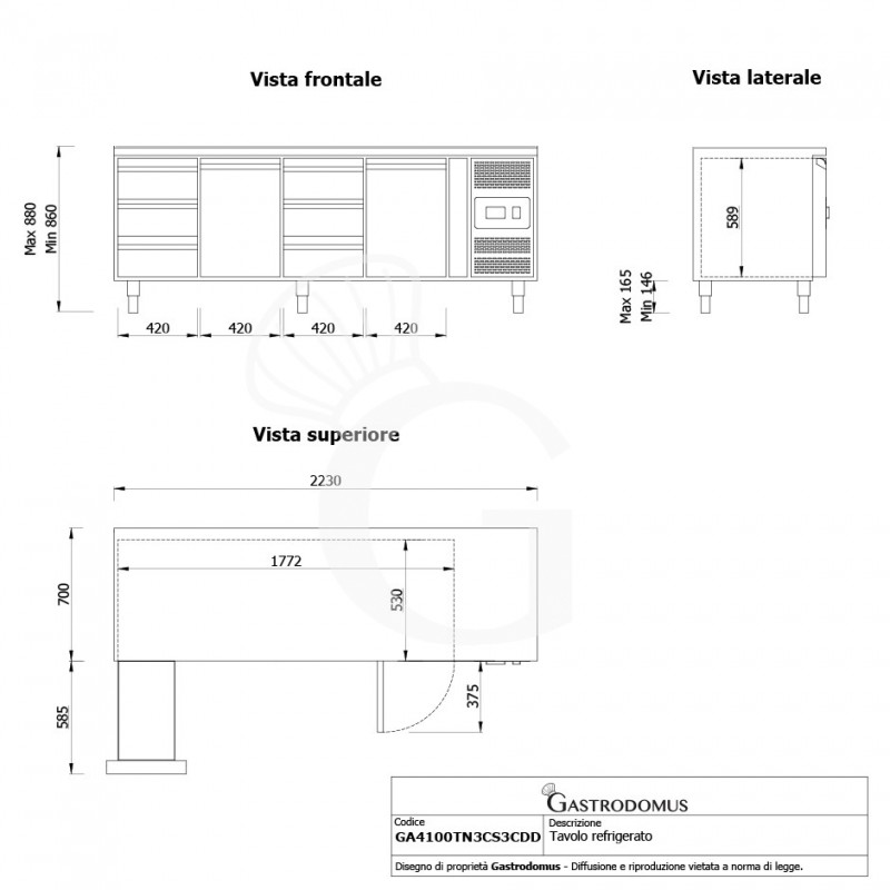 Mesa Refrigerada 6 Cajones 2 Puertas 700 mm de profundidad -2°C/+8°C