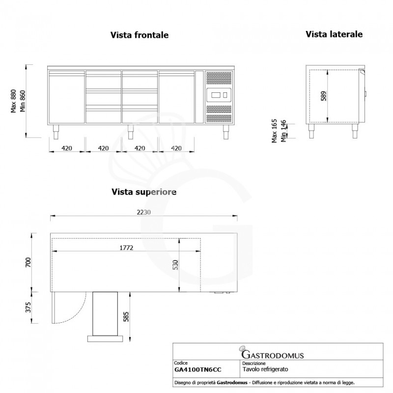 Mesa Refrigerada 6 Cajones 2 Puertas 700 mm de profundidad -2°C/+8°C