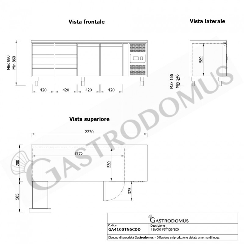 Mesa Refrigerada 6 Cajones 2 Puertas 700 mm de profundidad -2°C/+8°C
