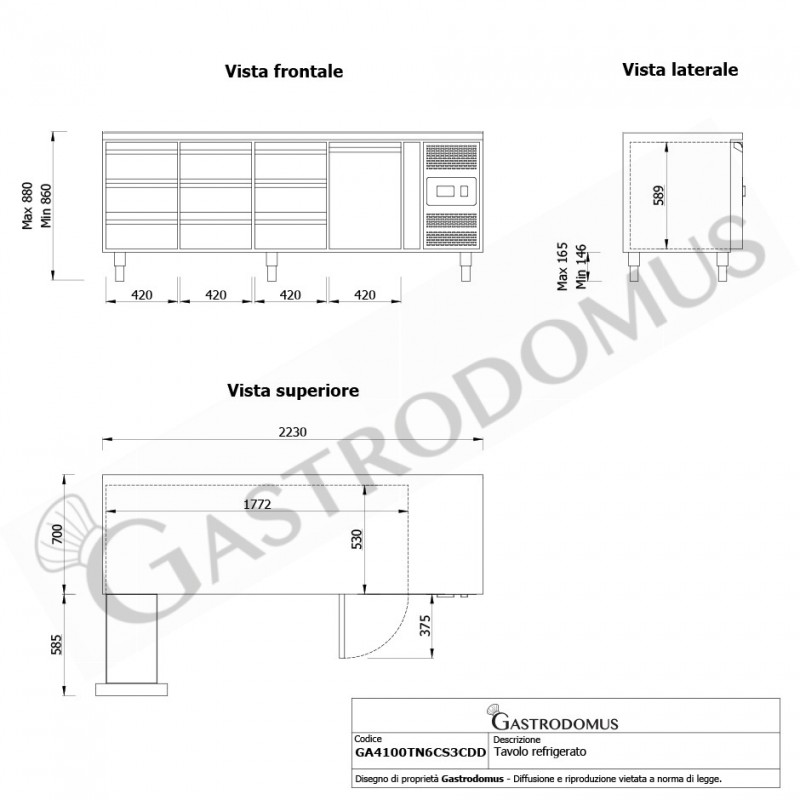 Mesa Refrigerada 9 Cajones 1 Puerta 700 mm de profundidad -2°C/+8°C
