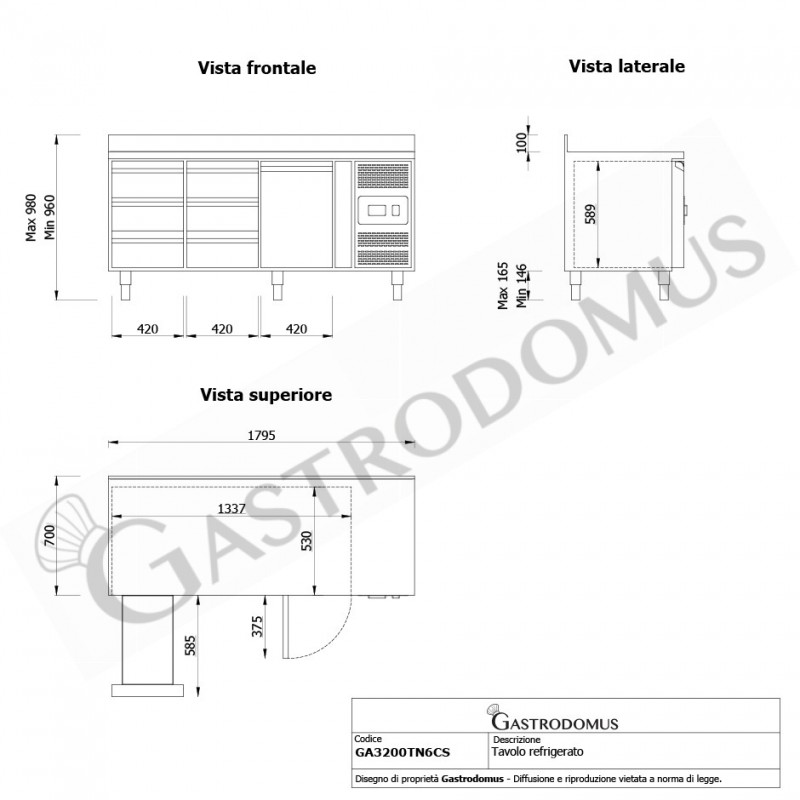 Mesa Refrigerada 6 Cajones 1 Puerta 700 mm de profundidad -2°C/+8°C Peto
