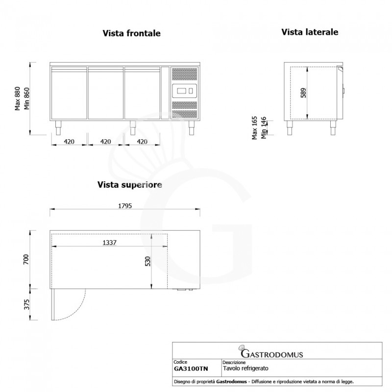 Mesa Refrigerada 3 Puertas 700 mm de profundidad -2°C/+8°C Clase de eficiencia energética E