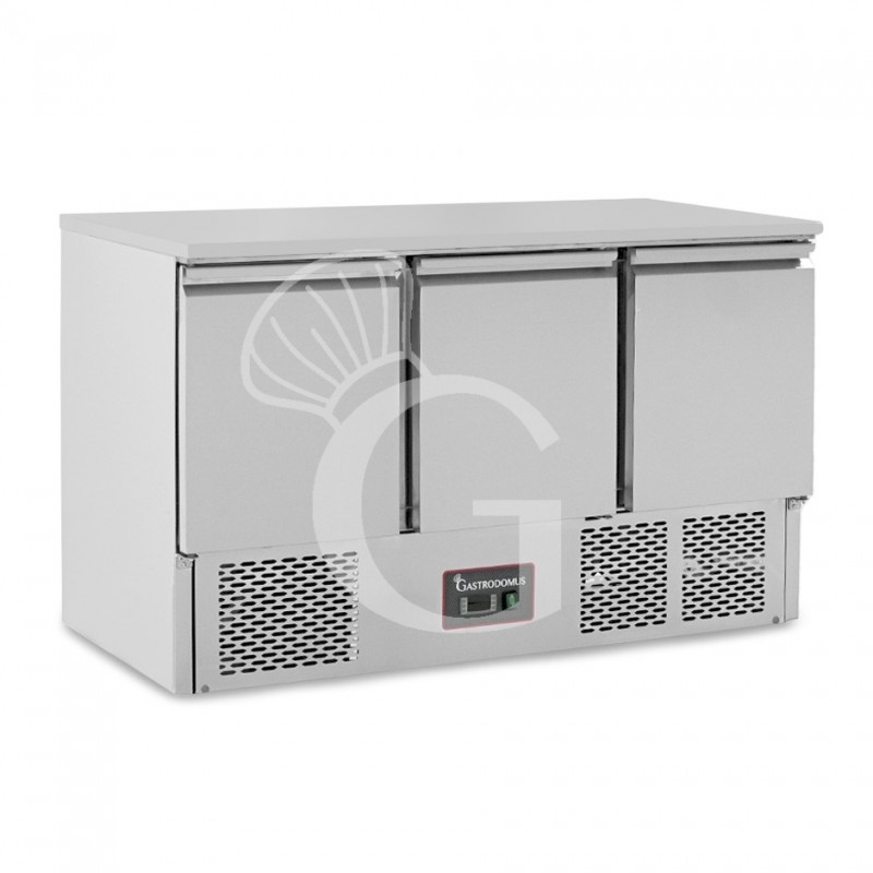 Saladette refrigerada, 3 puertas, temperatura +2°C/+8°C, encimera de acero inoxidable