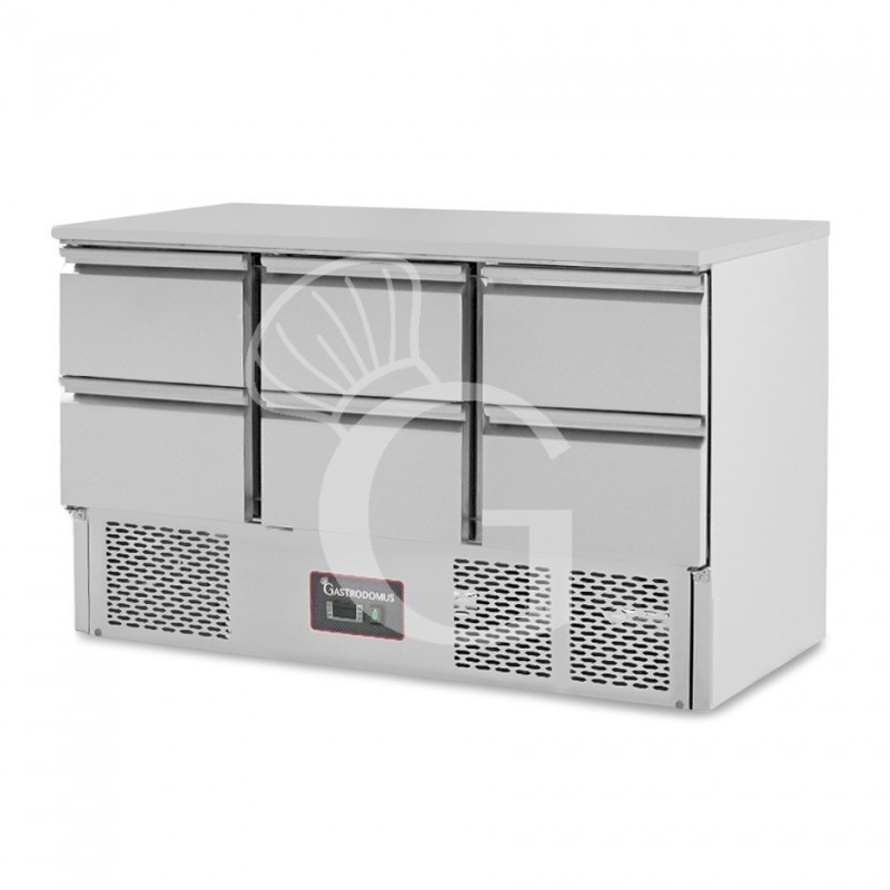 Mesa fría refrigerada 6 cajones, temperatura +2°C/+8°C, encimera de acero inoxidable