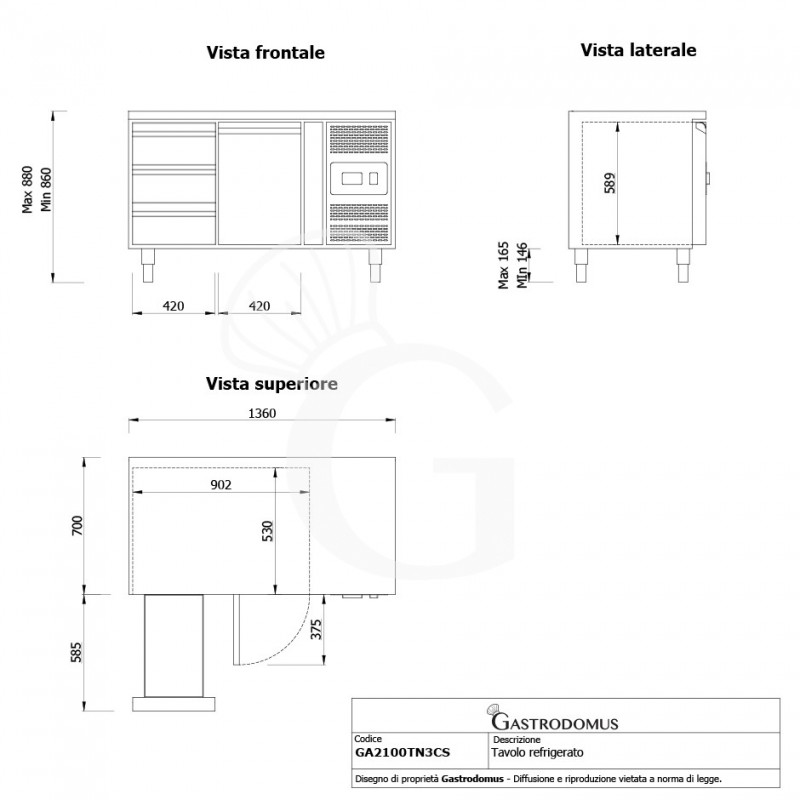 Mesa Refrigerada 3 Cajones 1 puerta 700 mm de profundidad -2°C/+8°C para la gastronomía