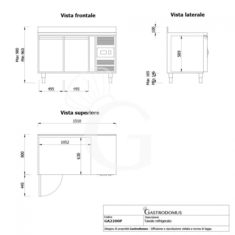 Mesa Refrigerada de pastelería 2 Puertas 600 X 400 mm, peto trasero, -2°C/+8°C Clase de eficiencia energética C