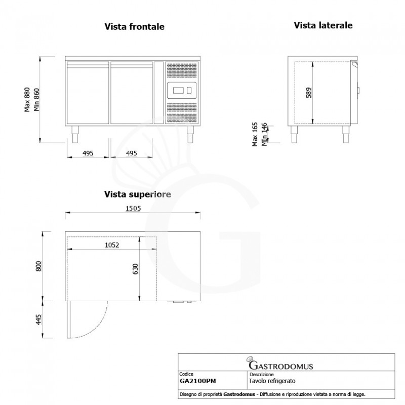 Mesa Refrigerada para pastelería 2 Puertas 600 X 400 mm Encimera de granito -2°C/+8°C Clase de eficiencia energética C