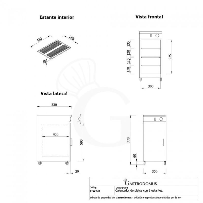 Armario calientaplatos con 3 estantes - L 350 x P 530 x A 770 mm