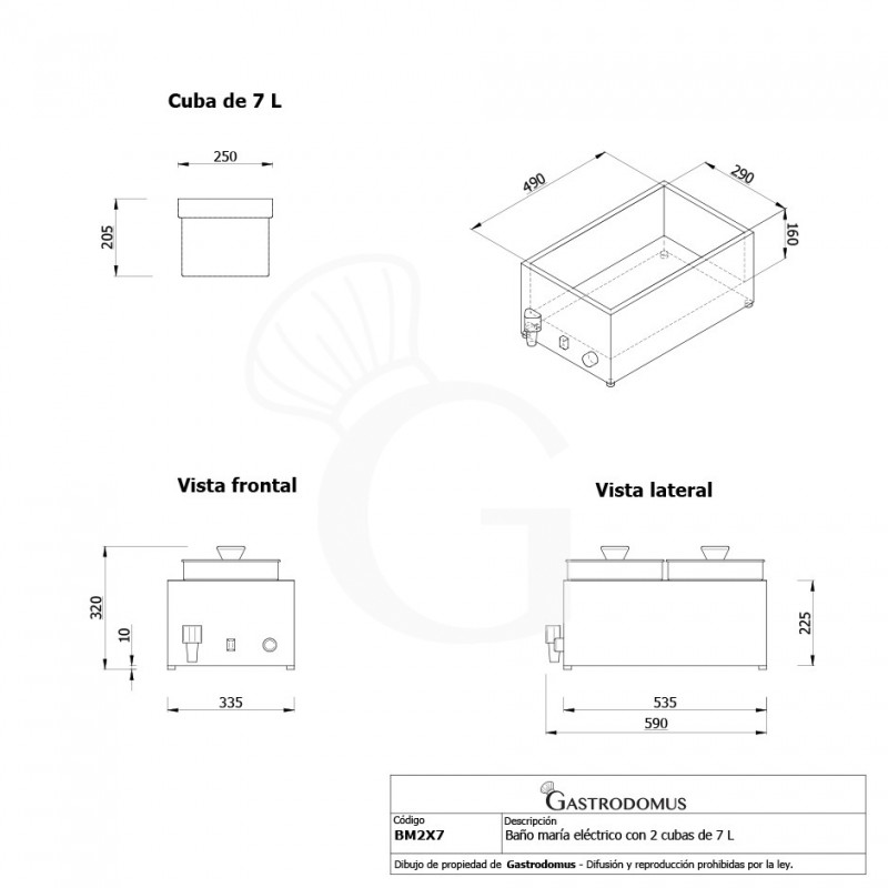 Baño María eléctrico 2 cubetas, 7 L cada una - 1200 W L 335 mm x P 535 mm x A 320 mm