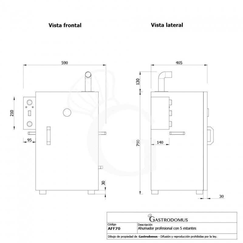 Ahumador profesional con 5 estantes - L 590 x P 405 x A 790 mm - Vista frontal