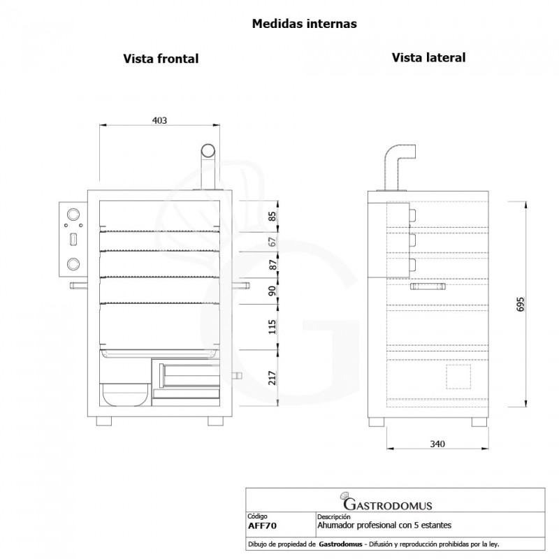 Ahumador profesional con 5 estantes - L 590 x P 405 x A 790 mm - Vista frontal