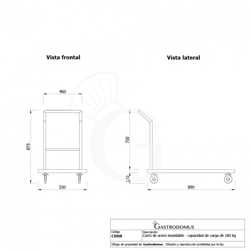 Carro de acero inoxidable de 1 estante L 890 mm x P 550 mm x H 875 mm, capacidad de carga 180 kg